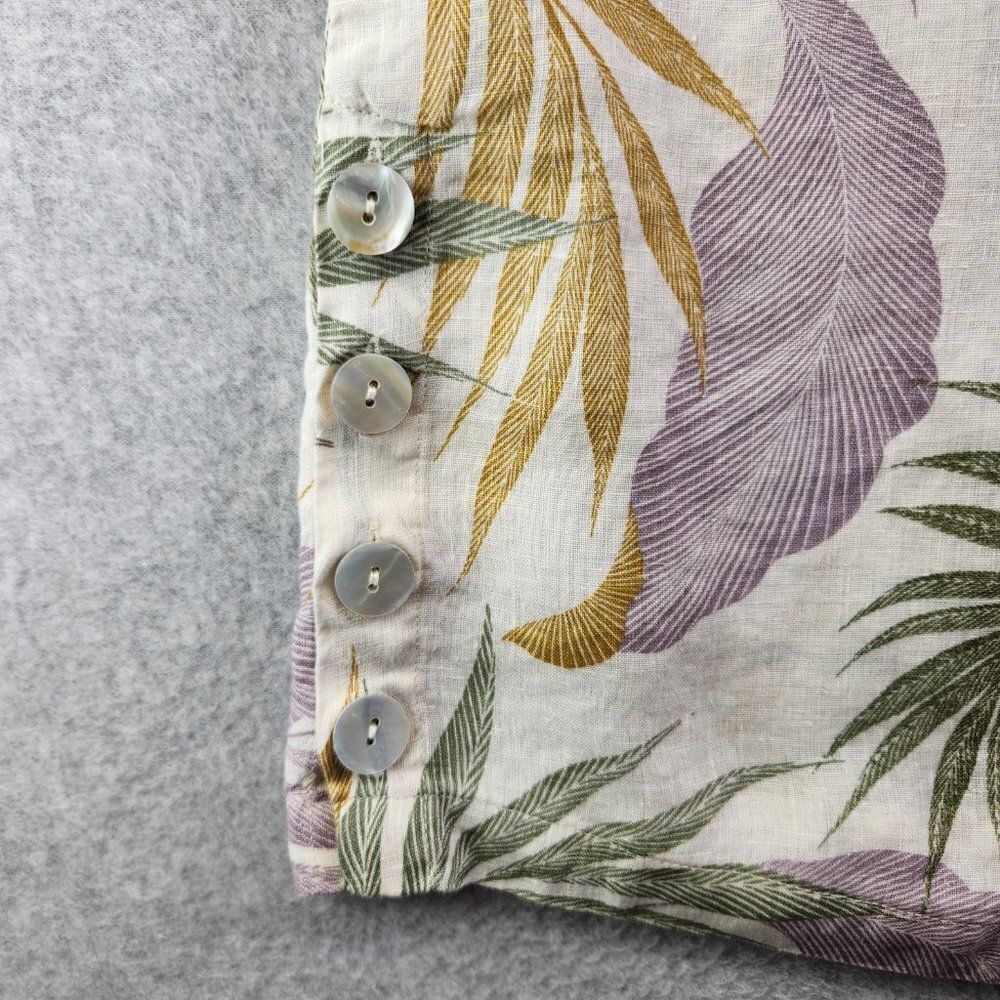 Tahari Linen Top Womens 1X Cream Floral Leaves Tropical Button Side Resort - Picture 5 of 16